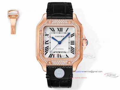 Best replica Cartier Santos rose gold case diamond bezel couple leather strap watch 